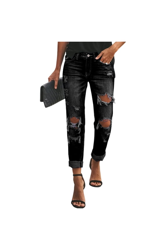 Women's Ripped Boyfriend Jeans Loose Fit Distressed Stretchy Denim PantsBlack 2XL