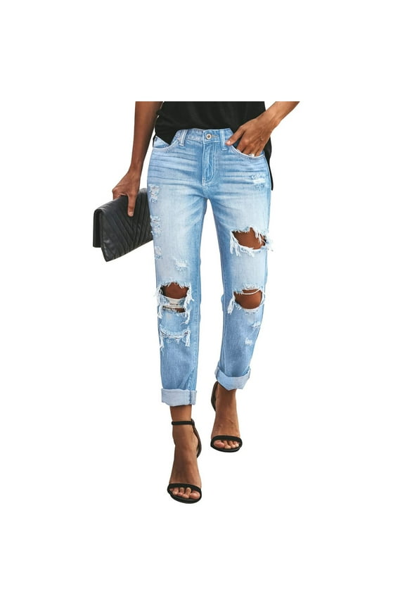 Women's Ripped Boyfriend Jeans Loose Fit Distressed Stretchy Denim PantsLight Blue L