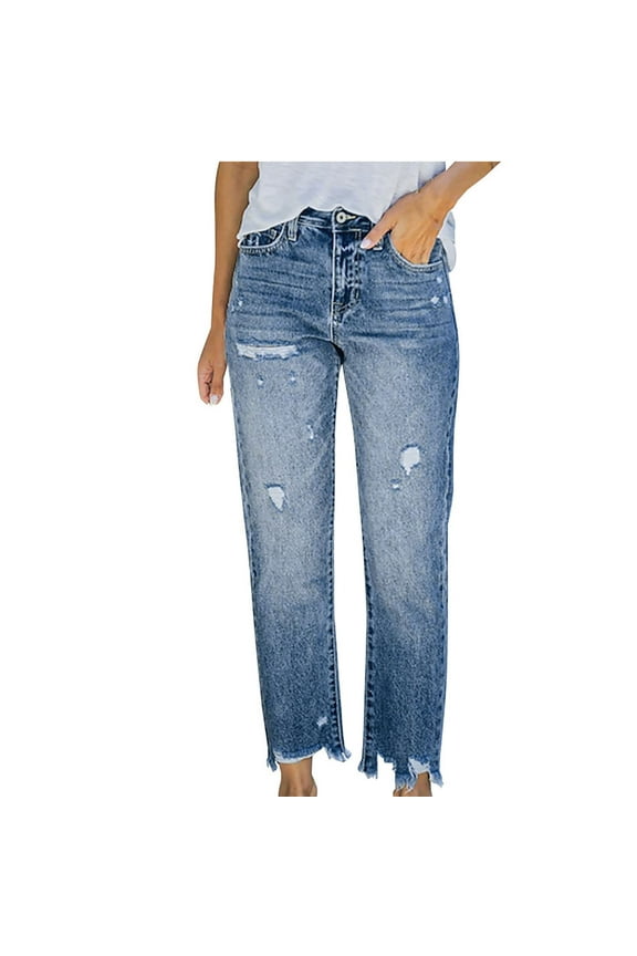 Women's Ripped Boyfriend Jeans Stretch Distressed Jeans Capri Mom Jean with Hole Light Blue M