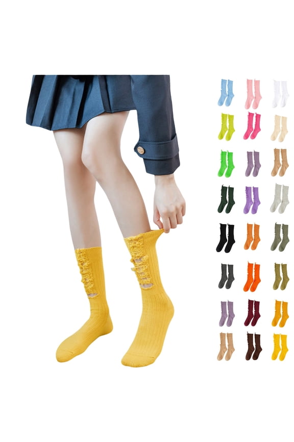 Women's Ripped Crew Socks, Distressed Hole Detail Cotton Ankle Socks, Stacked Style Casual Socks for Spring Summer Daily Wear and Fashion-Beige