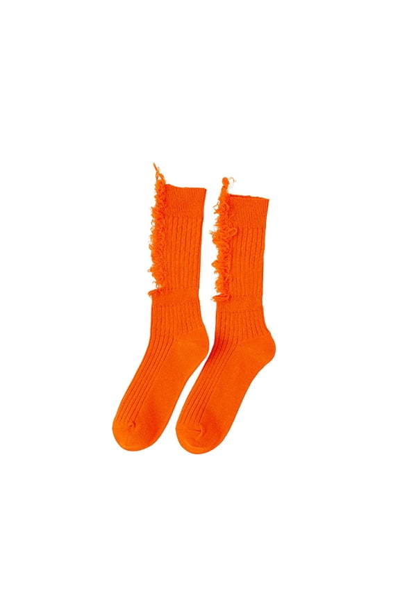 Women's Ripped Crew Socks, Distressed Hole Detail Cotton Ankle Socks, Stacked Style Casual Socks for Spring Summer Daily Wear and Fashion-Orange