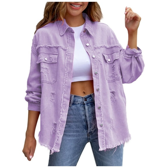 Women's Ripped Denim Jacket Retro Distressed Jean Jacket Coat Long Sleeve Raw Hem Denim Trucker Jackets Outwear