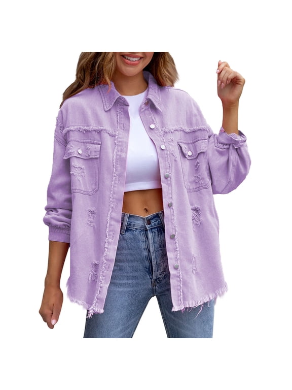 Women's Ripped Denim Jacket Retro Distressed Jean Jacket Coat Long Sleeve Raw Hem Denim Trucker Jackets Outwear