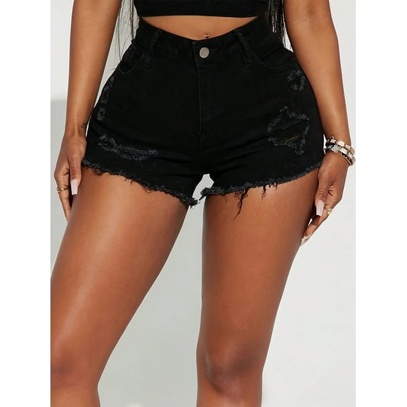 Women's Ripped Denim Short Jeans Sexy Fashionable Trendy Black
