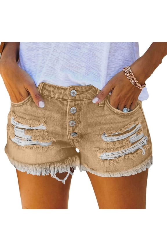 Women's Ripped Denim Shorts High Waist Distressed Jean Shorts Summer Cut Off Casual Button Shorts