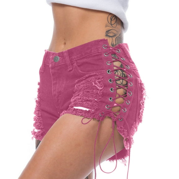 Women's Ripped Denim Shorts - Low Rise Distressed Streetwear Stretch Jeans Shorts for Casual Outfits ,Wine,L