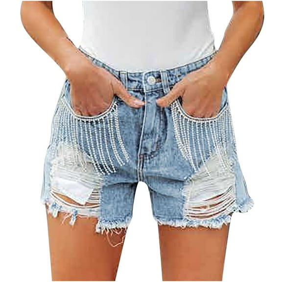 Women's Ripped Denim Shorts Mid Rise Frayed Raw Hem Tassels Stretchy Jean Shorts Casual Distressed Hot Shorts