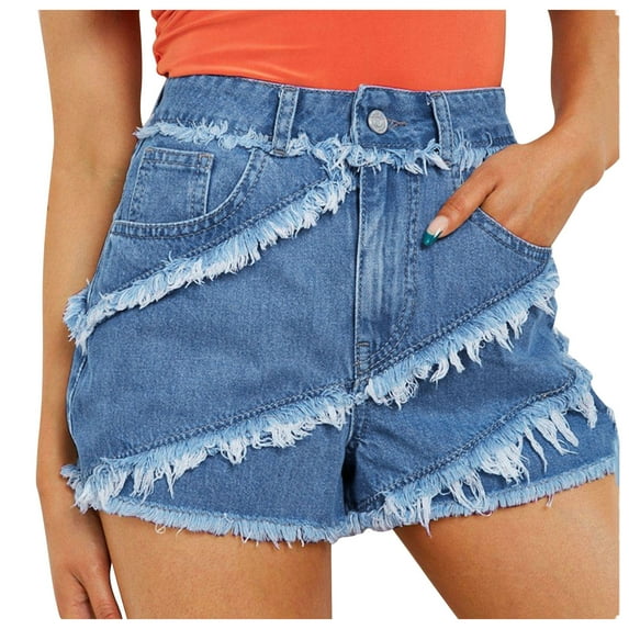 Women's Ripped Denim Shorts Stretchy High Waist Frayed Raw Jean Shorts Distressed Teen Girls Casual Summer Hot Pants