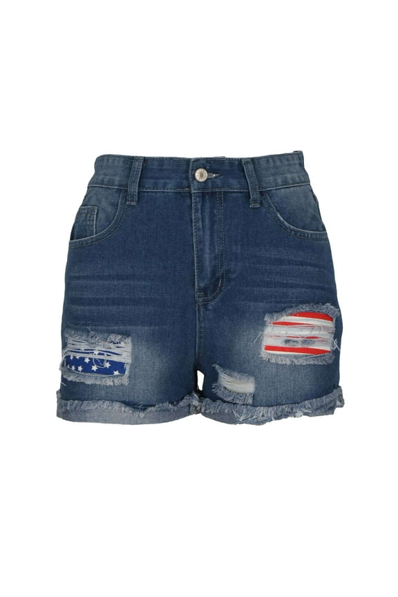Women's Ripped Denim Shorts with Red Stripes and Pentagram Patch Fashion Distressed Jeans Shorts