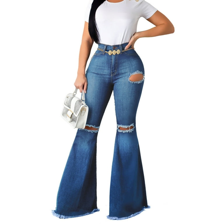 Women's Ripped Destroyed Denim Pants High Waisted Destroyed Ripped