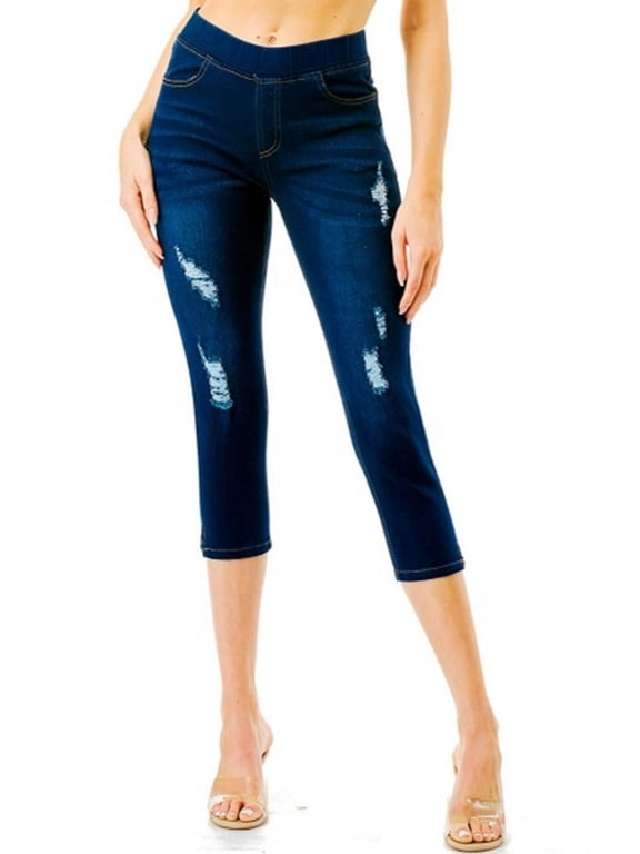 Women's Ripped Distressed Denim Capris Stretch Pull On Capri Jeans Size S-3XL
