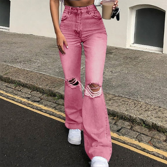 Women's Ripped High Waisted Flared Jeans Fashion Casual Loose Washed Ripped Casual Solid Stretch Slim Pants Pink XL