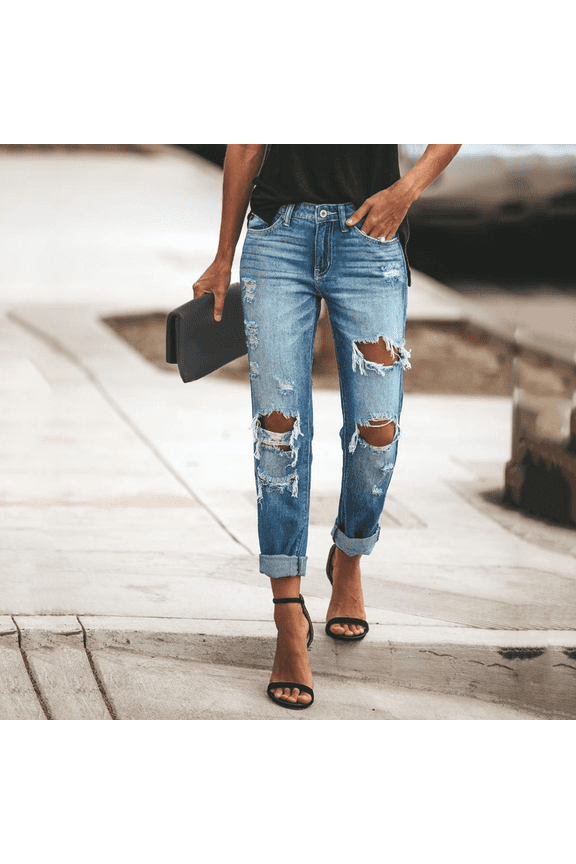Women's Ripped Jeans, High Waist Skinny Jeggings 3/4 Length Capri Jeans, Stretch Denim Pants with Distressed Details for Summer and Casual Wear-Blue