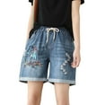 thumbnail image 1 of Women's Ripped Jeans Shorts High Waisted Stretchy Summer National Wind Embroidery Sloping Thin Loose Old Waist Denim Casual Summer Jean Shorts M-XL, 1 of 3