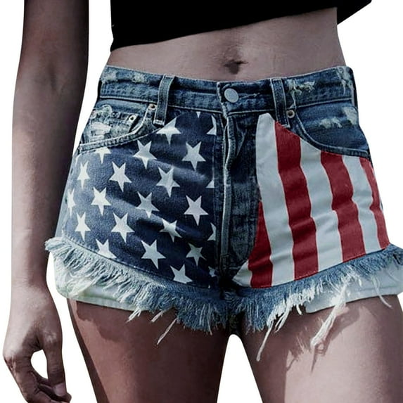 Women's Ripped Jeans Shorts Wide Leg Ripped American Flag Printed Denim High Waisted Frayed Hem Jeans Trendy Casual Shorts S-2XL