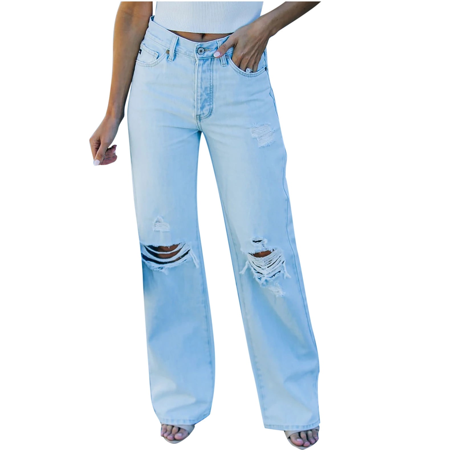 Women's Ripped Jeans Stretch High Waisted Wide Leg Denim Pants Distressed  Casual Loose Fit Straight Jeans 