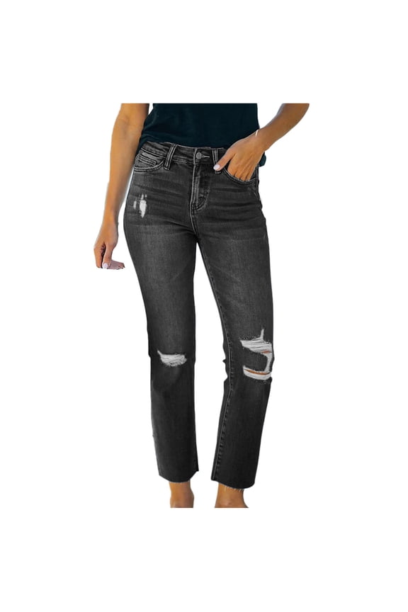 Women's Ripped Jeans Stretch Mid Rise Straight Leg Jeans Distressed Ankle Length Denim Pants with Pockets