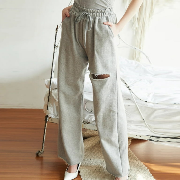 Women's Ripped Lounge Pants Elastic Waist Drawstring Wide Leg Pants Solid  Casual Loose Fit Trousers with Pockets