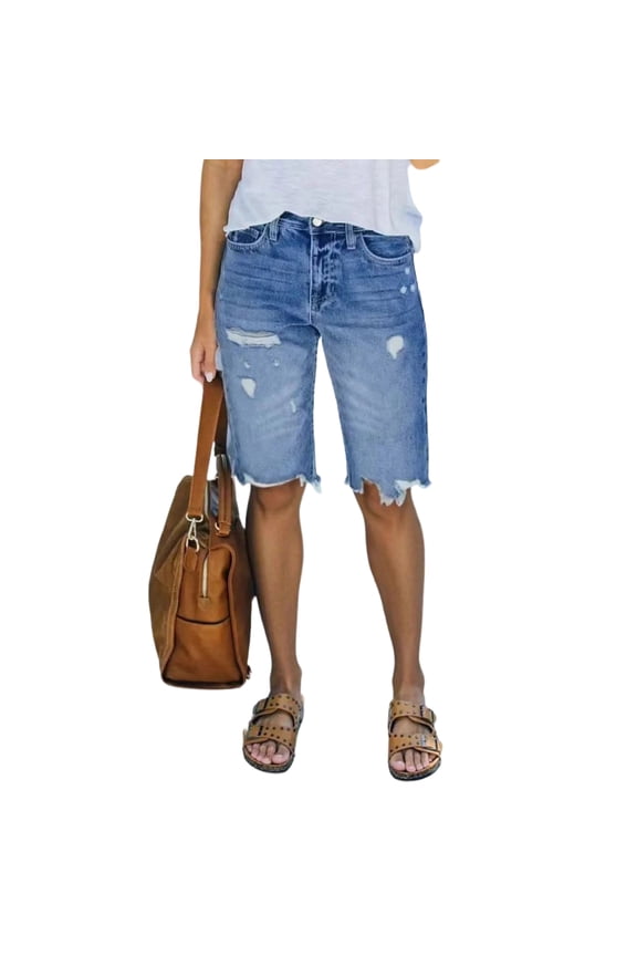 Women's Ripped Mid-Rise Denim Bermuda Shorts Frayed Raw Hem Stretch Jean Shorts,S