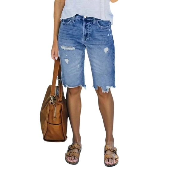 Women's Ripped Mid-Rise Denim Bermuda Shorts Frayed Raw Hem Stretch Jean Shorts,XL