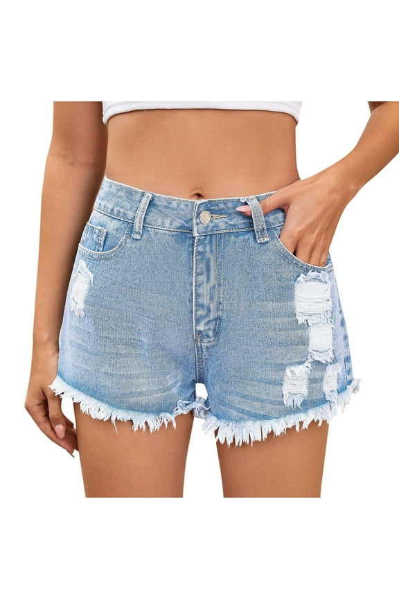 Women’s Ripped Mid Rise Denim Shorts Cowboy Stretchy Casual Raw Hem Summer Hot Jean Shorts Beach Vacation Clothes