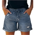 thumbnail image 1 of Women's Ripped Pull On Jean Shorts High Waisted Distressed Stretchy Casual Drawstring Denim Shorts with Pockets, 1 of 7