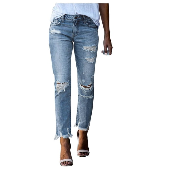 Women's Ripped Skinny Jeans Distressed Stretchy Denim Pants Womens Curvy High Waist Stretch Butt Lifting Skinny Colombian Jeans Blue XL