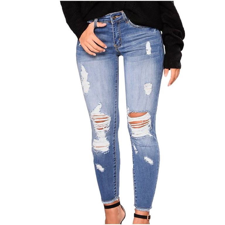 Women\'s Ripped Skinny Jeans Washed Stretch Mid Rise Frayed Hem Denim Pants  Casual Distressed Slim Fit Ankle Trousers Ladies Clothes