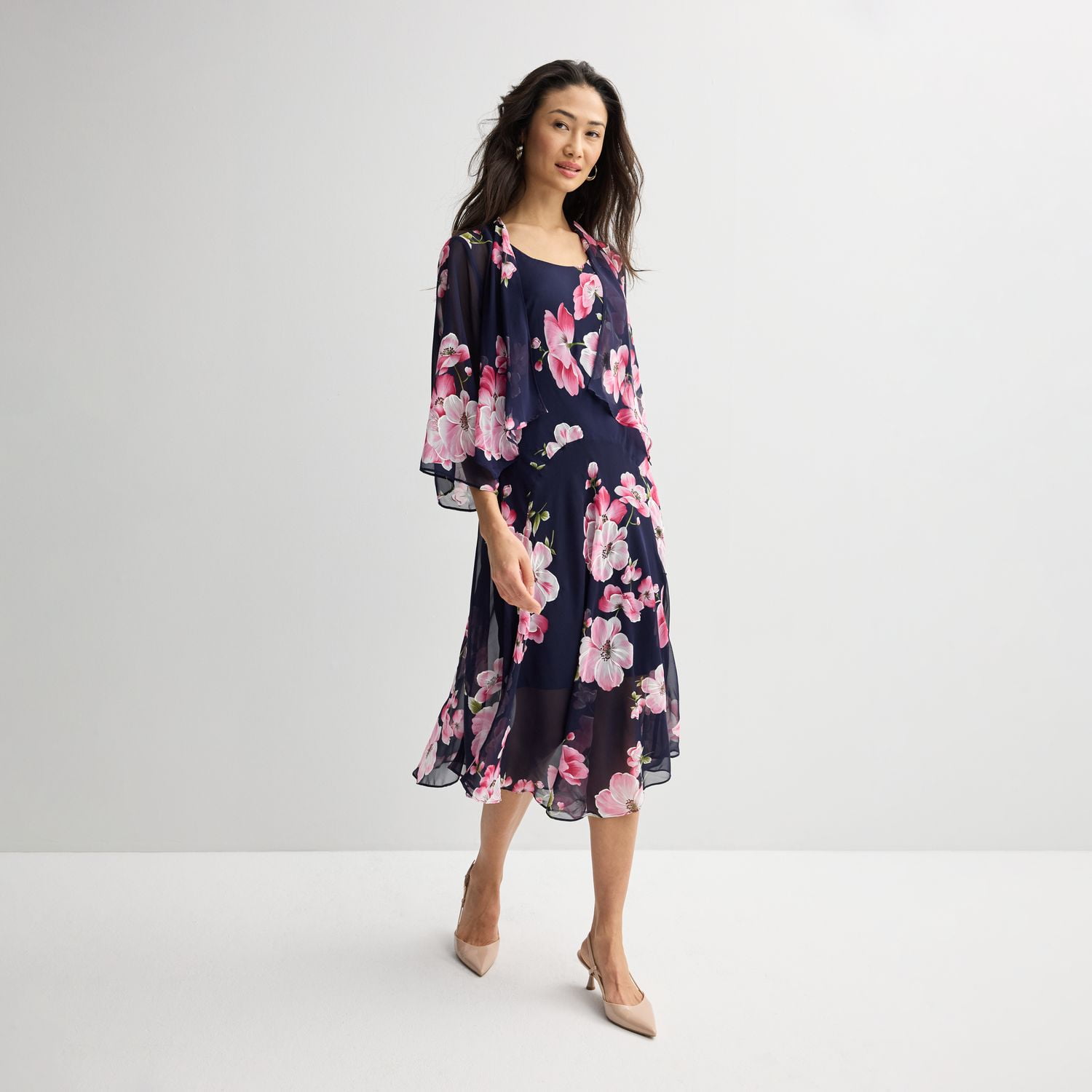 Women's Robbie Bee 2-Piece Chiffon Jacket & Dress Set Color: Navy Pink Size: 16