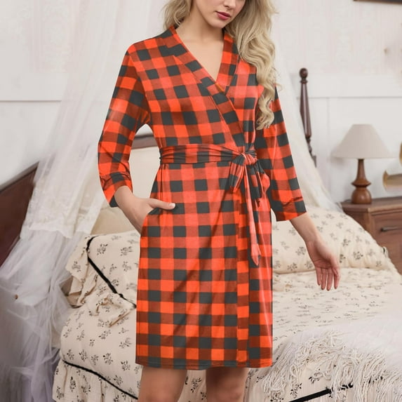 Women's Robe Casual Fashion Plaid Print Short Knit Bathrobe with Belt Soft Ladies Sleepwear Nightgown Loungewear New Orange S