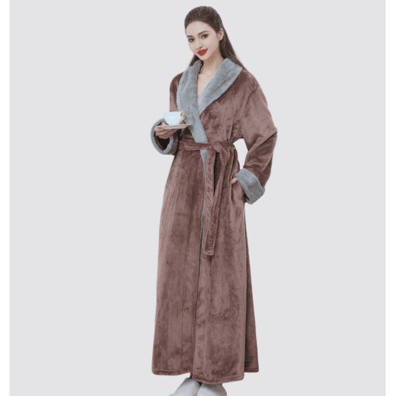 Women's Robe Long Plush Soft Bathrobe Jacquard Robes Shawl Collar Sleepwear with Pockets