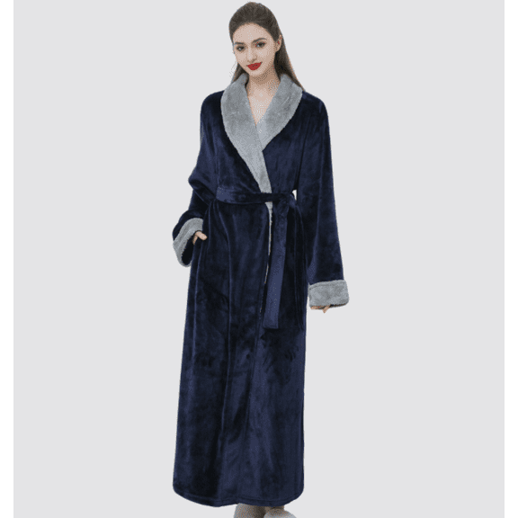 Women's Robe Long Plush Soft Bathrobe Jacquard Robes Shawl Collar Sleepwear with Pockets