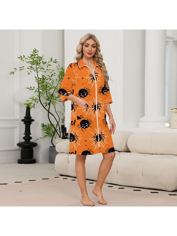 Women's Robes Knee Length Collar 3/4 Sleeve Bathrobe Lightweight Zipper Housecoats Duster Nightgown with Pockets