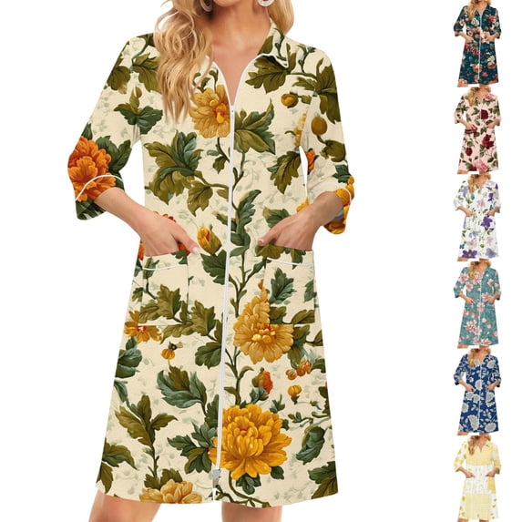Women's Robes Zipper Lightweight 3/4 Sleeve Summer Housecoats for Women Zipper Front Knee Length Vintage Floral Print Casual Sleepwear Nightgown with Pockets Purple XXXL