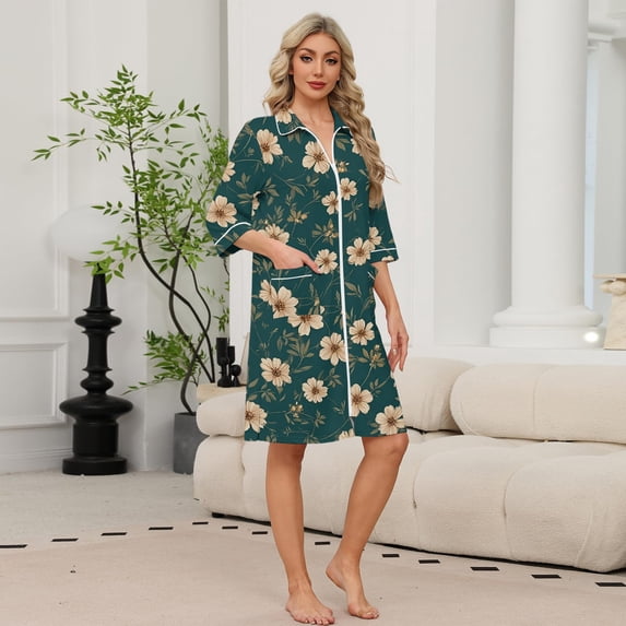 Women's Robes Zipper Lightweight Loose Fit Womens Bathrobe Zip Up Front 3/4 Sleeve Knee Length Vintage Floral Print Plus Size Pajama Sleepwear with Pockets Dark Green XXL