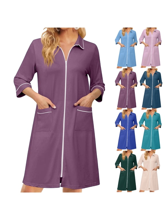 Women's Robes Zipper Lightweight Soft Summer Housecoats for Women Zip Up Front 3/4 Sleeve Knee Length Loose Fit Sleepwear Nightgown with Pockets Dark Purple S