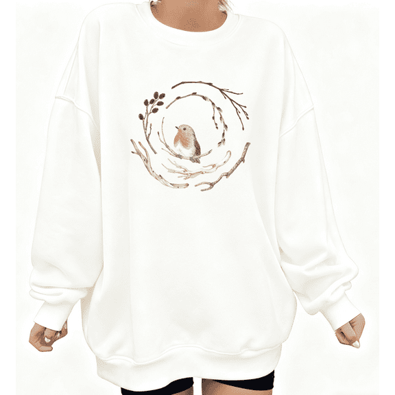 Women's Robin Bird Branch Comfortable Sweatshirt Casual Top Nature Graphic Round-neck long-sleeved white S-3XL