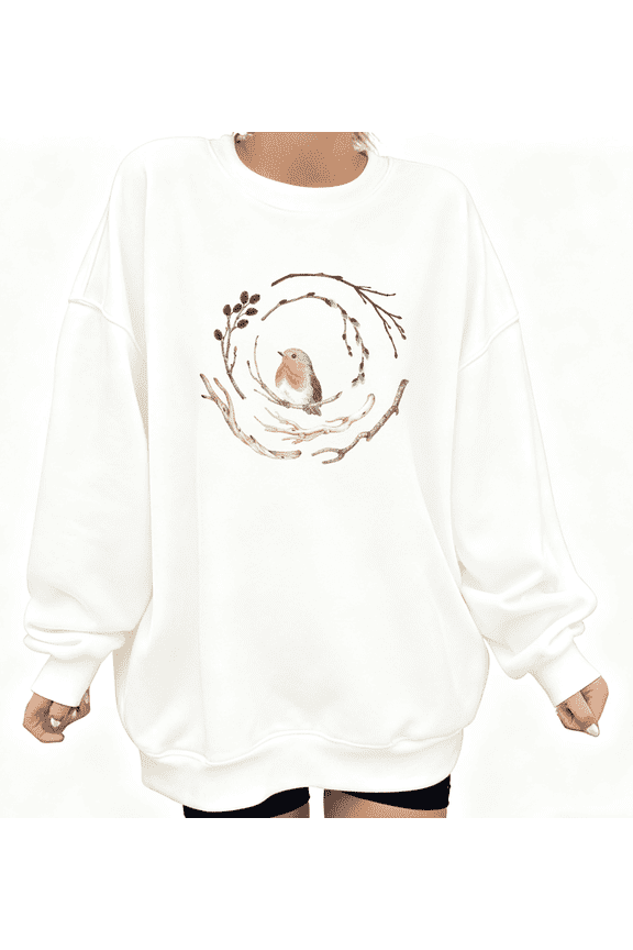 Women's Robin Bird Branch Comfortable Sweatshirt Casual Top Nature Graphic Round-neck long-sleeved white S-3XL