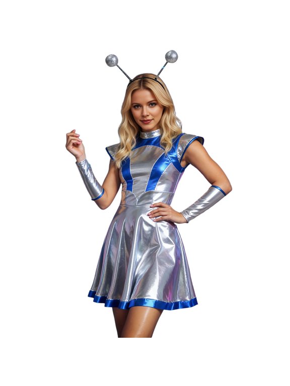 Women's Robot Alien Dress, Silver Metallic with Color Panels and Arm Cuffs, Halloween Cosplay