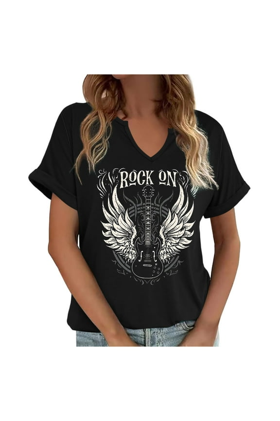 Women's Rock Band T Shirt Vintage Musical V-Neck Tees Country Music Short Sleeve Graphic Casual Fashion Tops