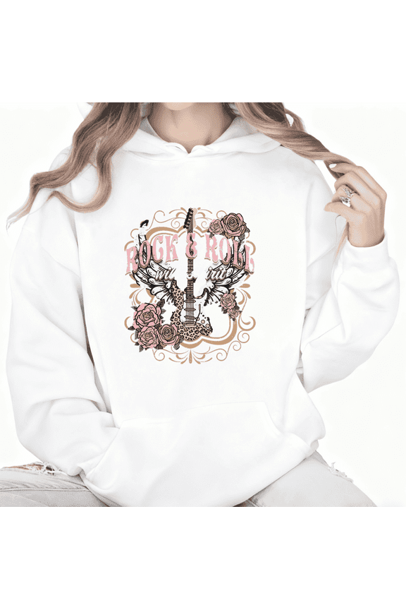 Women's Rock & Roll Guitar Hoodie Casual Top Music Graphic Breathable Hooded long-sleeved White S-3XL