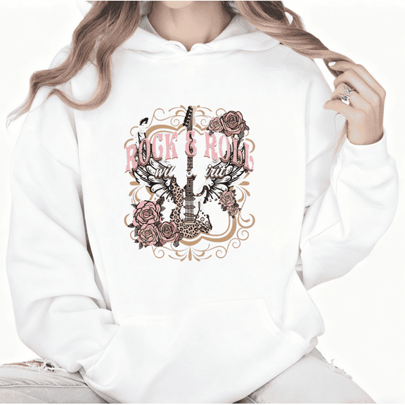 Women's Rock & Roll Guitar Hoodie Casual Top Music Graphic Breathable Hooded long-sleeved White S-3XL