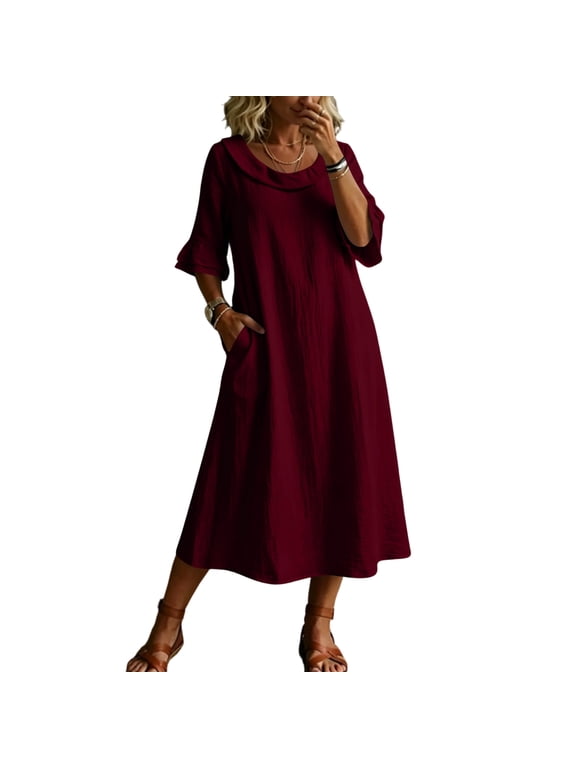 Women's Roll Neck Midi Dress, Cotton Linen Bell Sleeve Ruffle Dresses, Loose Fit Double Layer Collar Summer Beach Vacation Long Sundress with Pockets, Church Office Work Wear Swing Midi Dress