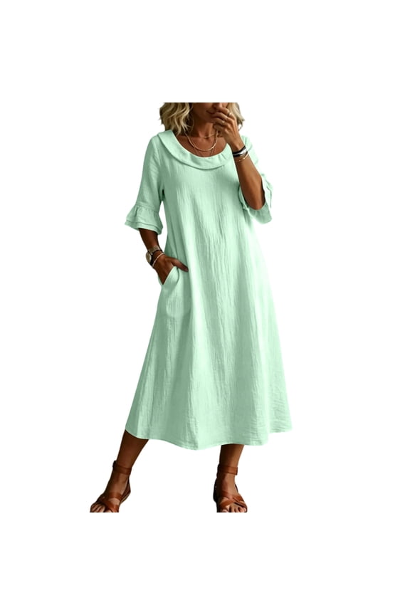 Women's Roll Neck Midi Dress, Cotton Linen Bell Sleeve Ruffle Dresses, Loose Fit Double Layer Collar Summer Beach Vacation Long Sundress with Pockets, Church Office Work Wear Swing Midi Dress