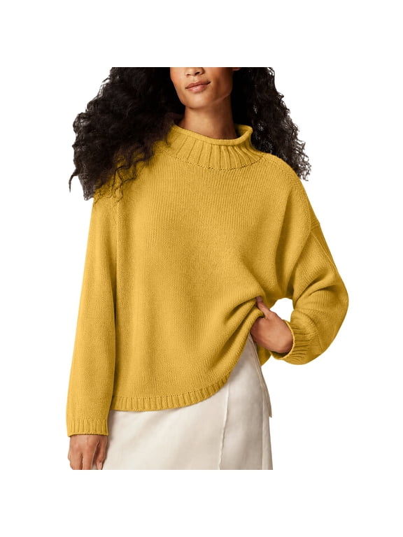 Women's Roll Neck Sweater Solid Color Knit Pullover Top Long Sleeve Loose Fit Soft Stretchy Breathable Cozy Comfortable Sweaters for Fall Winter Work Everyday Date and Outdoor Wear Yellow