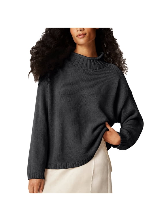 Women's Roll Neck Sweater Solid Color Knit Pullover Top Long Sleeve Loose Fit Soft Stretchy Breathable Cozy Comfortable Sweaters for Fall Winter Work Everyday Date and Outdoor Wear Black