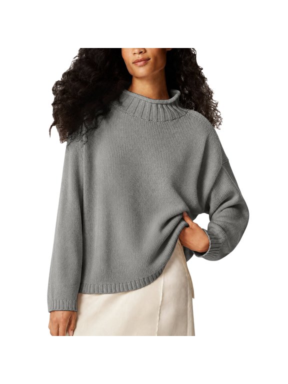Women's Roll Neck Sweater Solid Color Knit Pullover Top Long Sleeve Loose Fit Soft Stretchy Breathable Cozy Comfortable Sweaters for Fall Winter Work Everyday Date and Outdoor Wear Grey