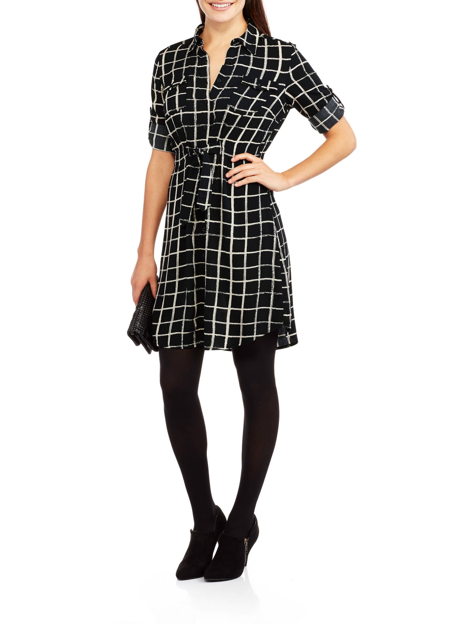 Women's Roll Sleeve Belted Checkered Shirt Dress - Walmart.com