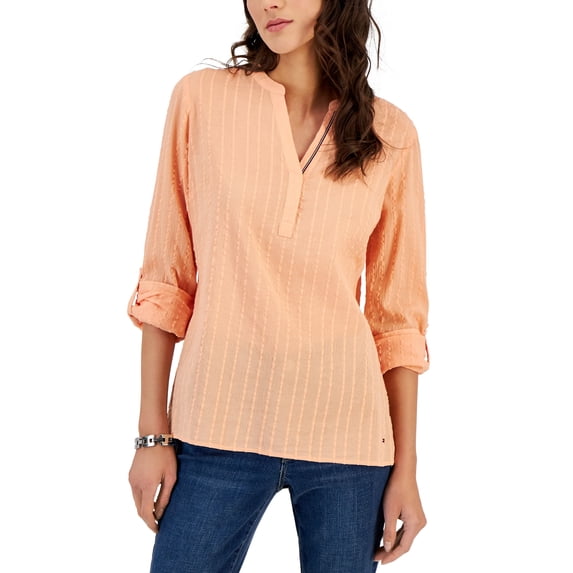 Women's Roll-Tab Textured Tunic Top Coral Reef XS