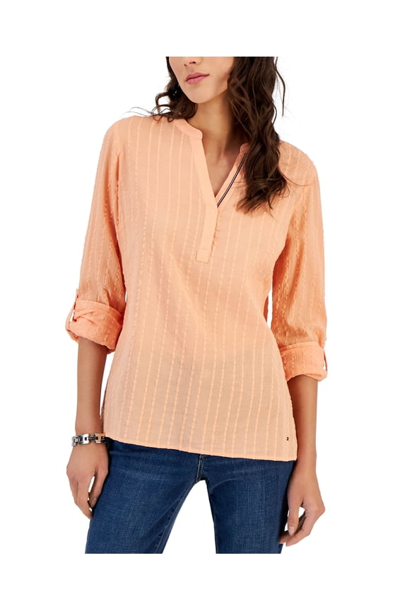 Women's Roll-Tab Textured Tunic Top Coral Reef XS